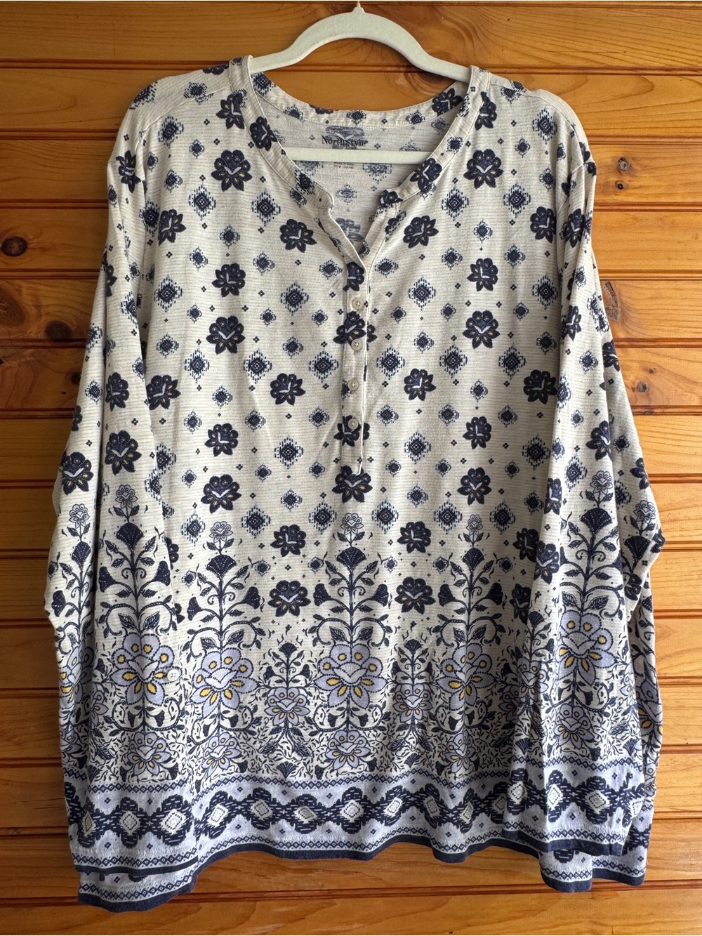 NorthStyle 3X Floral Henley Top Blue Gray Cotton Modal Long Sleeve